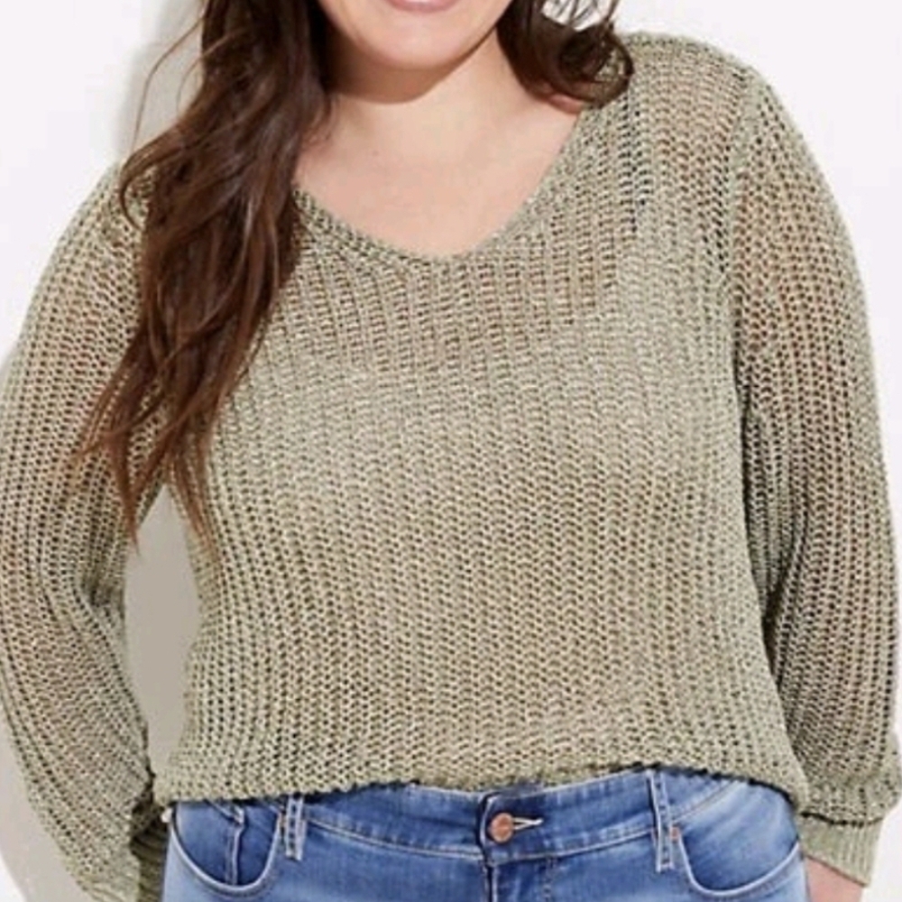Ann Taylor Loft Plus Sized Green Shimmer Open Knit Sweater Pullover